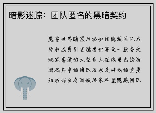 暗影迷踪：团队匿名的黑暗契约