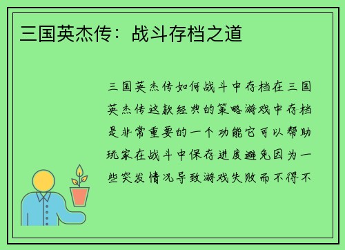 三国英杰传：战斗存档之道